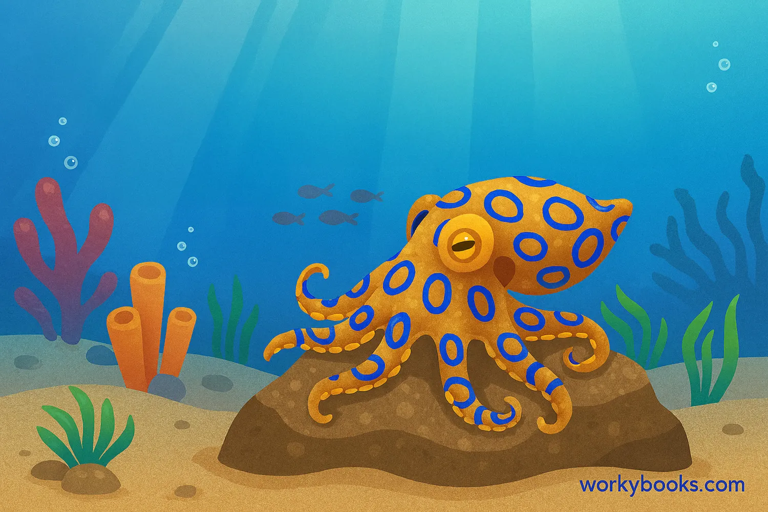 Blue-ringed octopus glowing on a rock in clear ocean water with coral and fish nearby. 🖼️ Image Caption: Blue-ringed octopus warns with glowing rings; venom can cause paralysis and breathing issues.